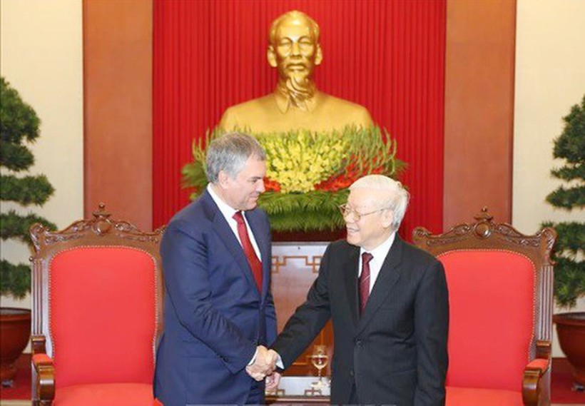 Tổng Bí thư, Chủ tịch nước Nguyễn Phú Trọng và Chủ tịch Duma Quốc gia Nga V. Volodin tại buổi tiếp