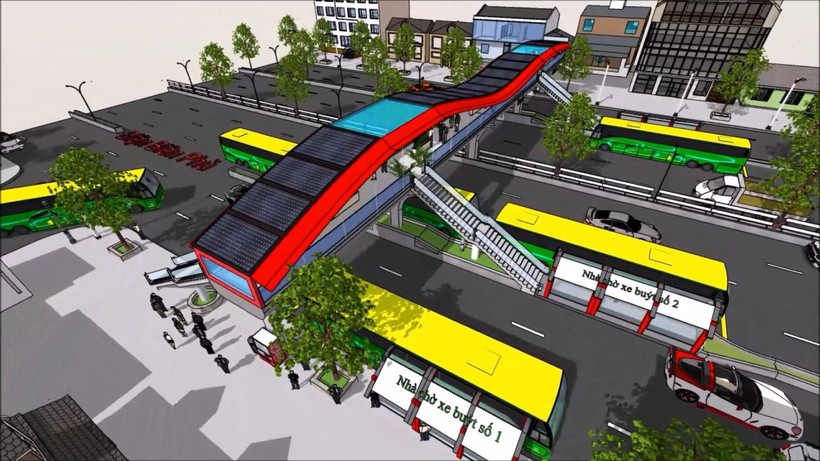 Mô hình 3D của nhóm thiết kế về hệ thống trạm xe buýt trên dải phân cách và cầu bộ hành tại các giao lộ