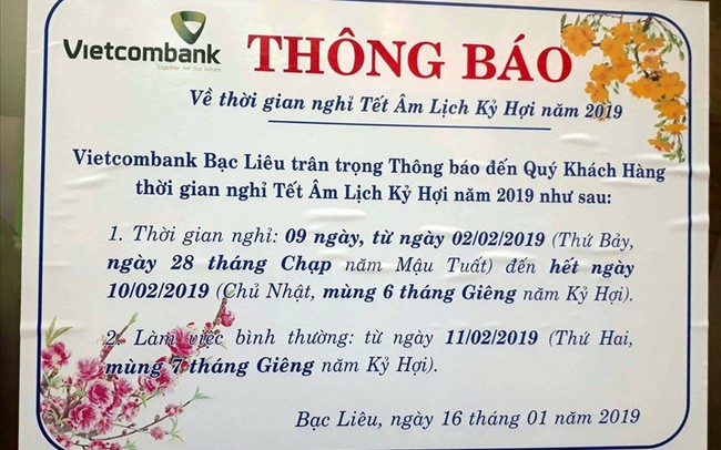 Thông báo nghỉ Tết của Vietcombank chi nhánh Bạc Liêu.