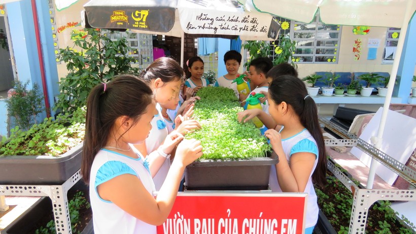 HS Trường TH Trần Hưng Đạo (quận Ô Môn, TP Cần Thơ) thích thú khi chăm sóc vườn rau