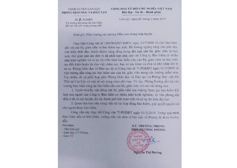 Phòng GD&ĐT huyện Can Lộc (Hà Tĩnh): Đính chính văn bản trái luật