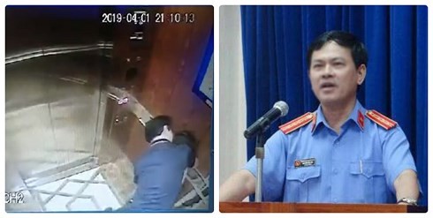 Hình ảnh Nguyễn Hữu Linh sàm sỡ bé gái trong thang máy bị camera ghi lại và hình ảnh lúc còn đương chức.