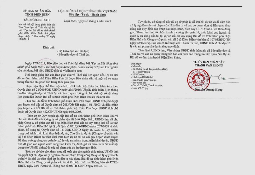 Công văn của UBND tỉnh Điện Biên phản hồi về bài viết “Dự án Bãi đỗ xe thành phố Điện Biên Phủ: Sai phạm được phép “chìm xuồng”? đăng trên Báo GD&TĐ