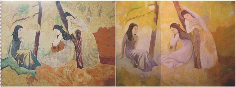 Bức tranh Vườn chuối của Nguyễn Sáng khó phân biệt thật giả với 2 phiên bản do hai đơn vị sở hữu.