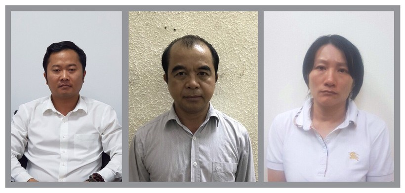 Các bị can Dương Văn Hòa - Hiệu trưởng Trường Đại học Đông Đô, Trần Ngọc Quang, Phạm Vân Thùy (từ trái sang)