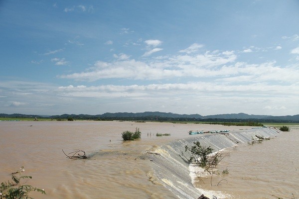 Nhiều đoạn đê Quảng Điền bị hư hỏng, nước tràn vào ruộng của người dân.

