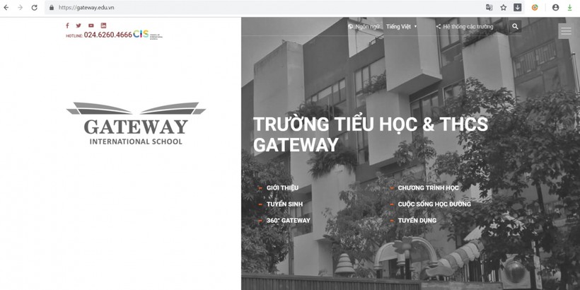 Trang chủ website trường Gateway được đổi từ "Trường PTLC quốc tế Gateway" sang "Trường Tiểu học & THCS Gateway". (Ảnh chụp màn hình)