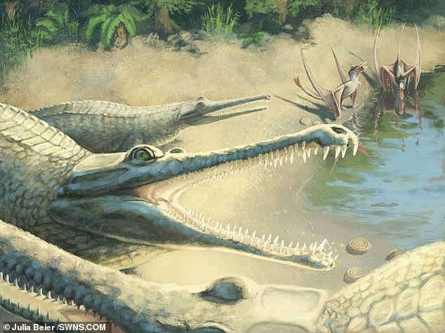 Tranh vẽ loài Mystriosaurus và môi trường sống của chúng.