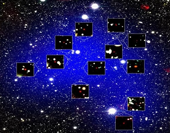 Ảnh chụp 12 thành viên trong cụm thiên hà Protocluster. (Ảnh: Scitech Daily).