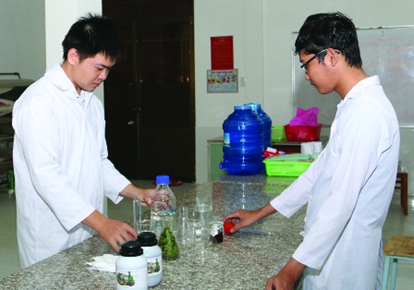 Phạm An Dương Khang (bên trái)  thực hành trong phòng thí nghiệm.