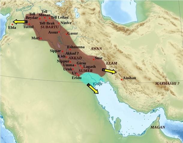 Bản đồ đế chế Akkadian - Ảnh: Acient-Origins.