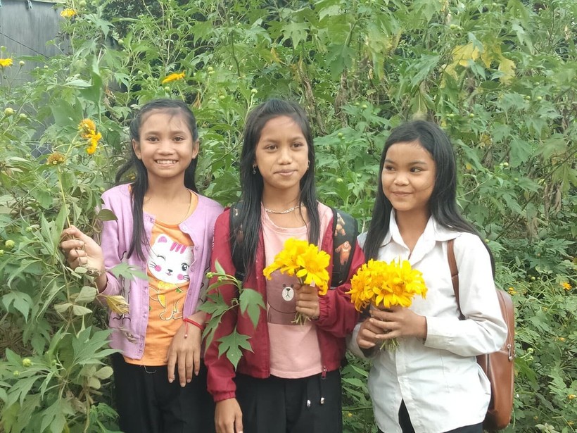 Các em học sinh đi hái hoa dại tặng thầy cô.