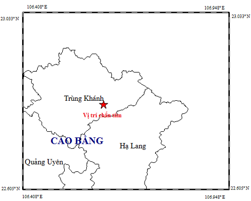 Bản đồ tâm chấn động đất tại huyện Trùng Khánh, tỉnh Cao Bằng. Ảnh: Viện Vật lý địa cầu.