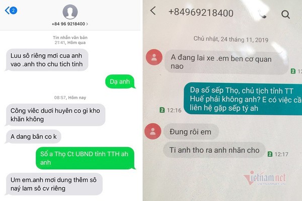 Tin nhắn mạo danh Chủ tịch tỉnh Thừa Thiên-Huế Phan Ngọc Thọ gửi cho lãnh đạo huyện (bìa trái) và nội dung tin nhắn trả lời PV