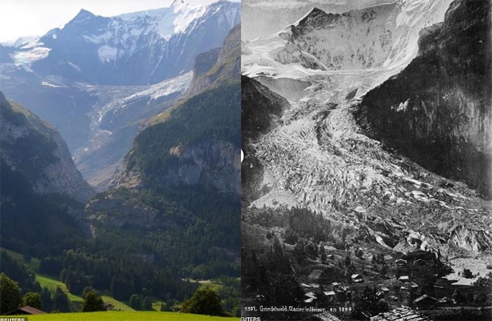 Sông băng Lower Grindelwald năm 1858 và ngày nay: băng giá đã biến mất, nhường chỗ cho cây xanh.