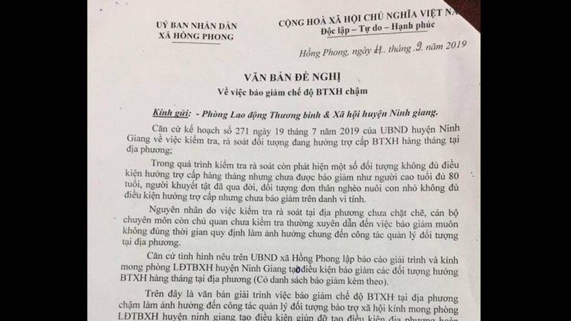 Văn bản giải trình của UBND xã Hồng Phong, huyện Ninh Giang