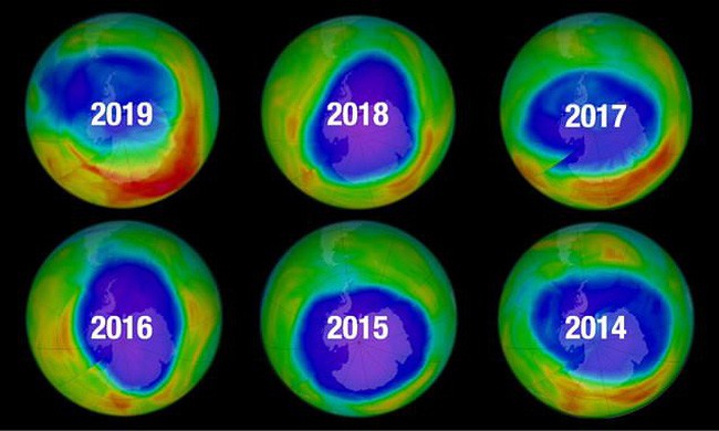 Hình ảnh lỗ thủng của tầng Ozone được thu nhỏ lại theo từng năm (Nguồn: NASA).