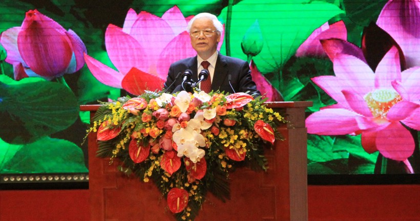 Tổng Bí thư, Chủ tịch nước Nguyễn Phú Trọng đọc diễn văn tại Lễ kỷ niệm. Ảnh: Bình Thanh.