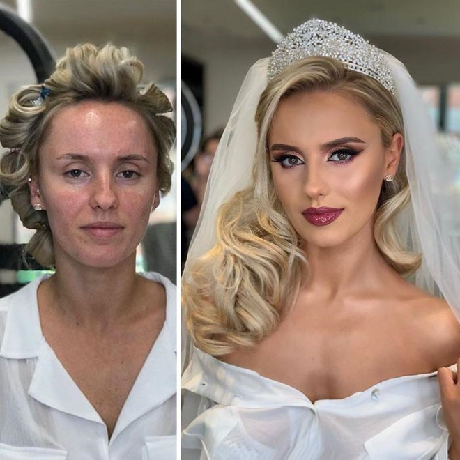 Sự khác biệt giữa trước và sau khi trang điểm của cô dâu.