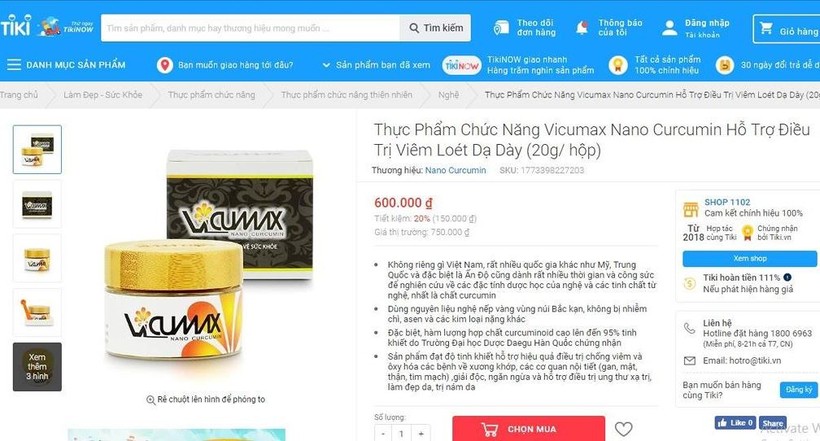 Nội dung quảng cáo thực phẩm bảo vệ sức khỏe Vi- Cumax Nano Curcumin trên tiki.vn.