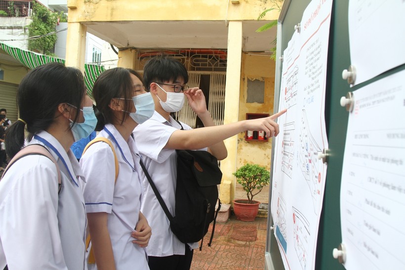 Thí sinh tra cứu số báo danh tại Hội đồng thi Trường THPT Trần Nguyên Hãn, quận Lê Chân