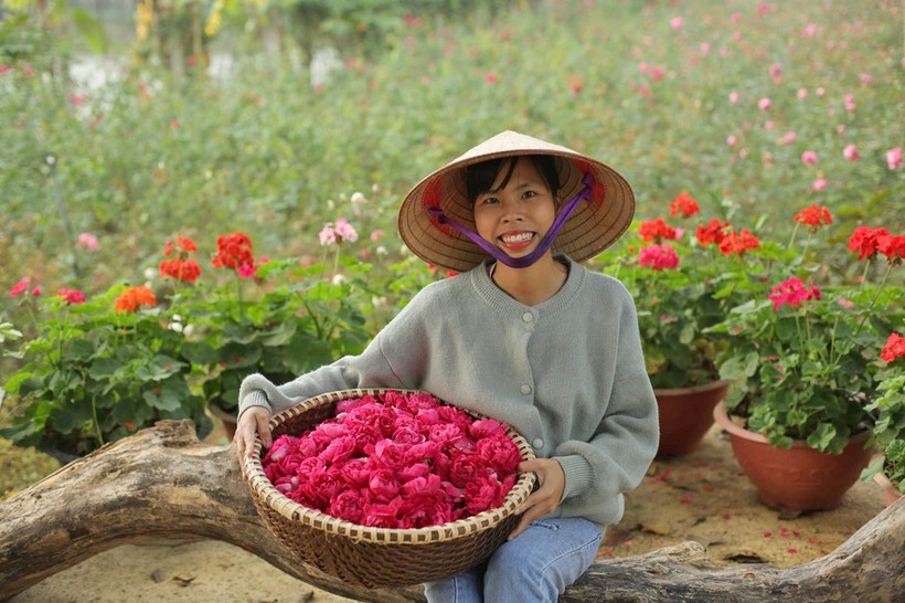 Trần Thị Hồng rạng rỡ bên những bông hoa được trồng bằng phương pháp hữu cơ.