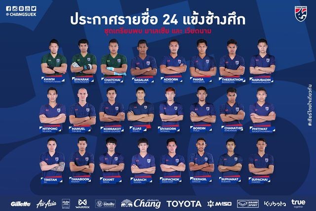 Danh sách 24 cầu thủ vừa được công bố của Thái Lan.